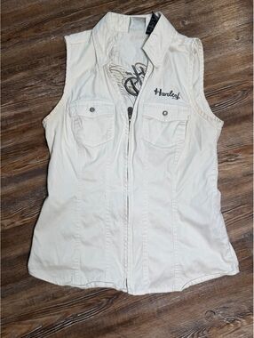 Y2K vintage Harley Davidson Women's off white Sleeveless Zip-Up Vest, Size Small